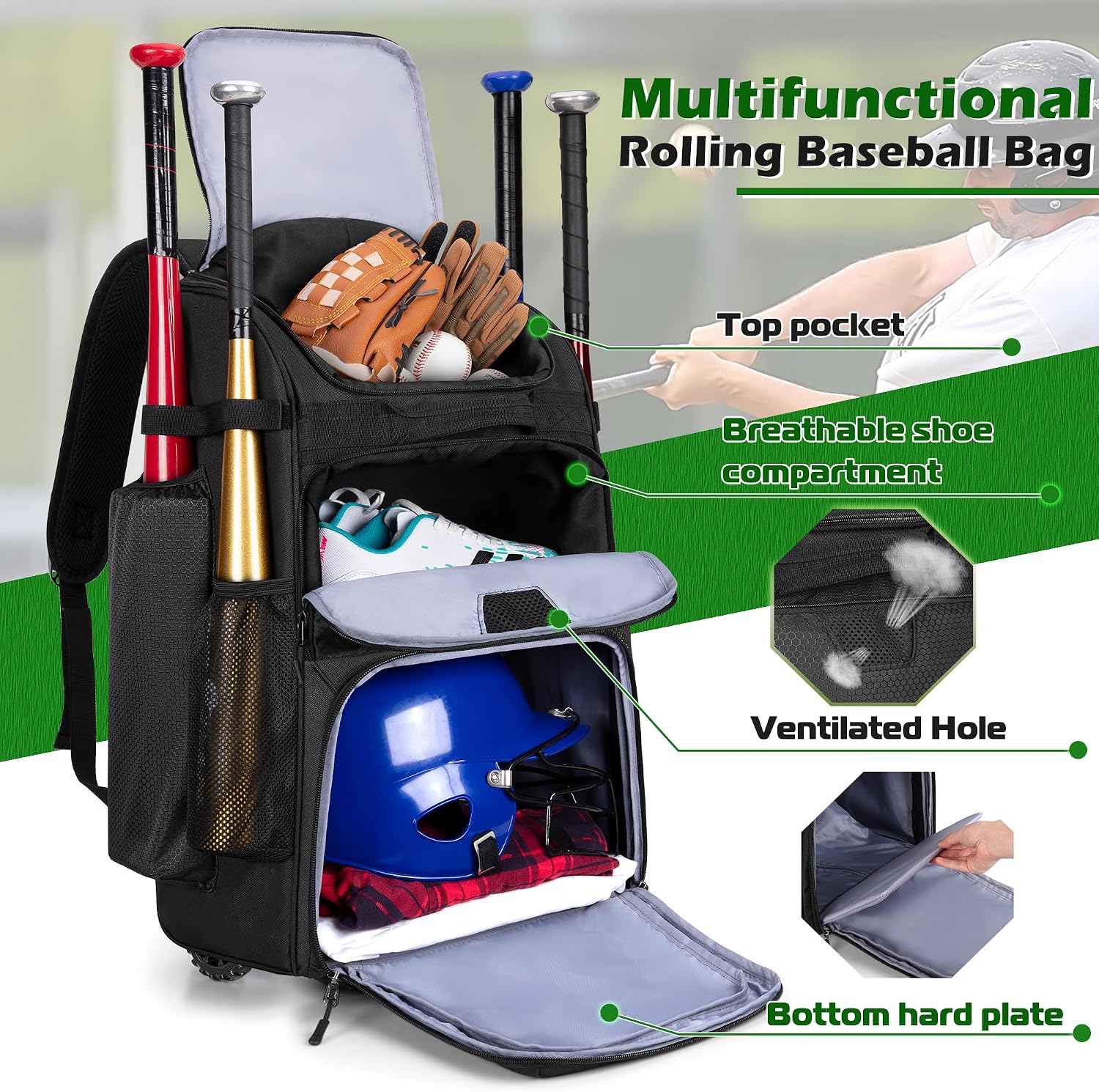 Mochila de beisebol com rodas, - Sports Equipment Bag avaliação e preço